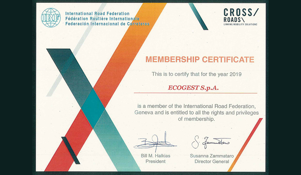 La International Road Federation (IRF) accoglie Ecogest quale membro effettivo della propria organizzazione mondiale