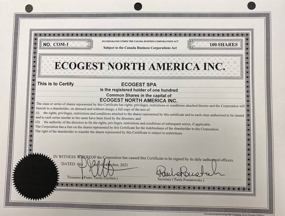 Ecogest makes its entry in the North American market. "Ecogest North America inc" established today in Toronto